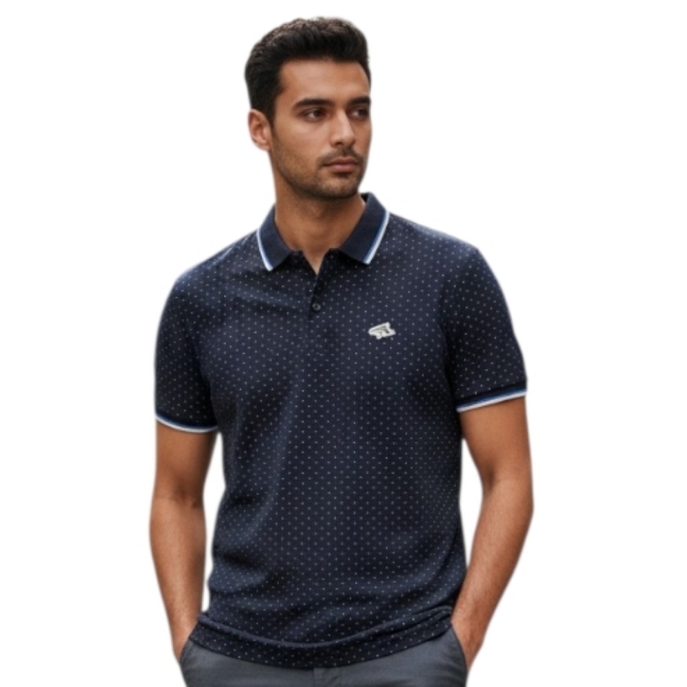Le Shark Navy Polo Shirt w White Polka-dots Contrast Striped Trim men's small